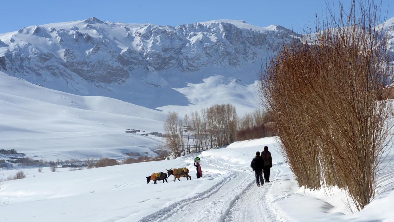 Menschen laufen mit ihren Tieren durch eine verschneite Landschaft im Bamiyan-Tal, Afghanistan Menschen laufen mit ihren Tieren durch eine verschneite Landschaft im Bamiyan-Tal, Afghanistan