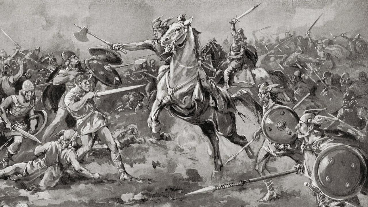 Die Schlacht auf den Katalaunischen Feldern 451 in einer Darstellung aus "Hutchinson s History of the Nations", 1915
In der Schlacht besiegte die Koalition unter der Führung des römischen Generals Flavius Aetius und des westgotischen Königs Theodorich I. die Streitkräfte des Hunnenkönigs Attila - die aber auch eine bunte Mischung verschiedener Verbündeter waren Die Schlacht auf den Katalaunischen Feldern 451 in einer Darstellung aus "Hutchinson s History of the Nations", 1915
In der Schlacht besiegte die Koalition unter der Führung des römischen Generals Flavius Aetius und des westgotischen Königs Theodorich I. die Streitkräfte des Hunnenkönigs Attila - die aber auch eine bunte Mischung verschiedener Verbündeter waren