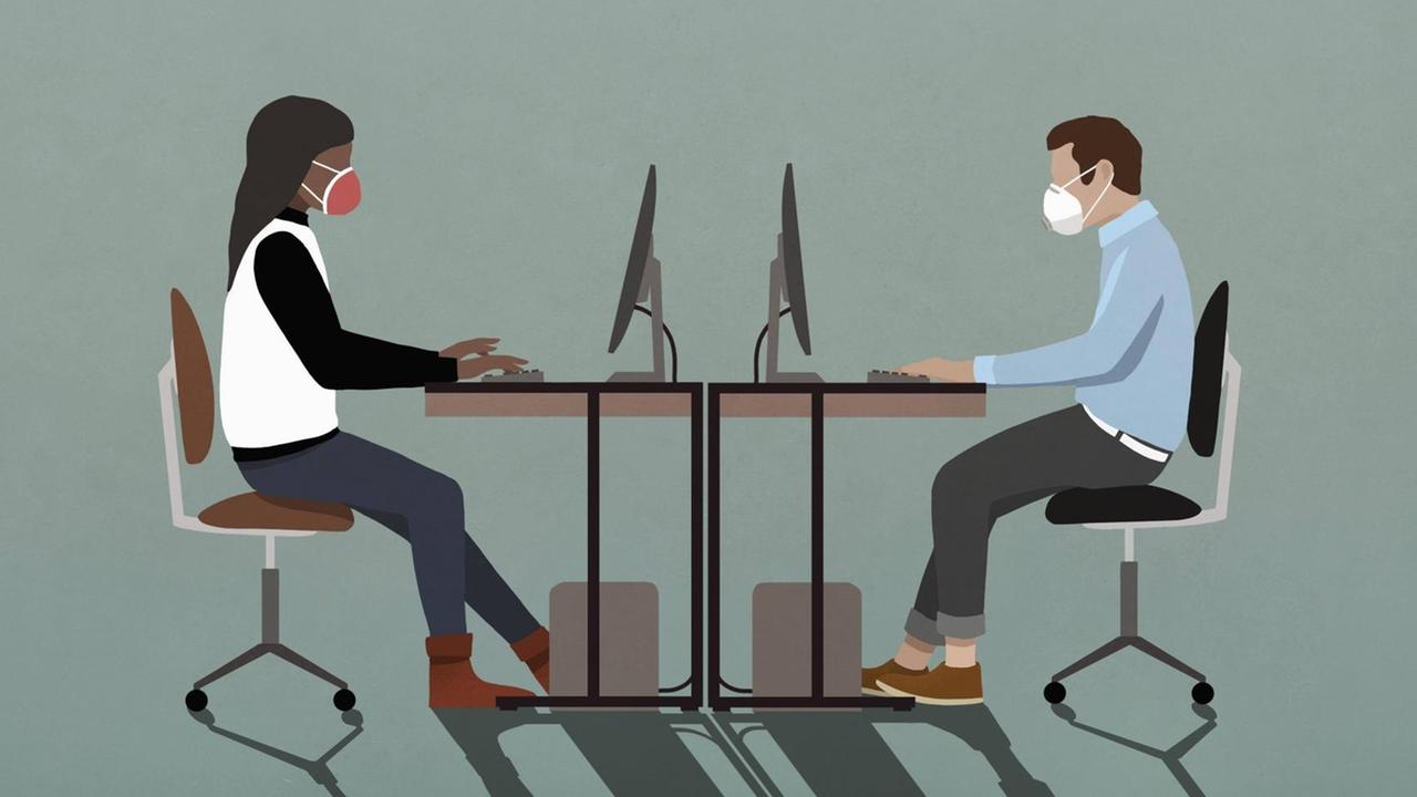 Illustration zweier Büroarbeiter, die sich mit Mund-Nase-Bedeckung an einem gemeinsam genutzten Schreibtisch gegenüber sitzen.