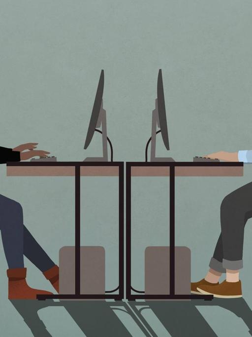 Illustration zweier Büroarbeiter, die sich mit Mund-Nase-Bedeckung an einem gemeinsam genutzten Schreibtisch gegenüber sitzen.