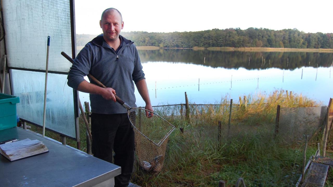 Fischer Mirko Mannheim in seinem Fischereibetrieb am Seddiner See mit einem Kescher in der Hand. Fischer Mirko Mannheim in seinem Fischereibetrieb am Seddiner See mit einem Kescher in der Hand.