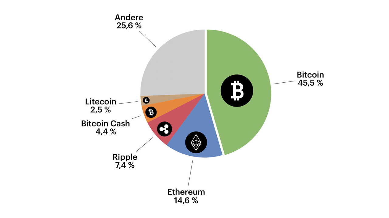 Die fünf größten Kryptowährungen: Bitcoin (45,5%), Ethereum (14,6%), Ripple (7,4%), Bitcoin Cash (4,4%) und Litecoin (2,5%)