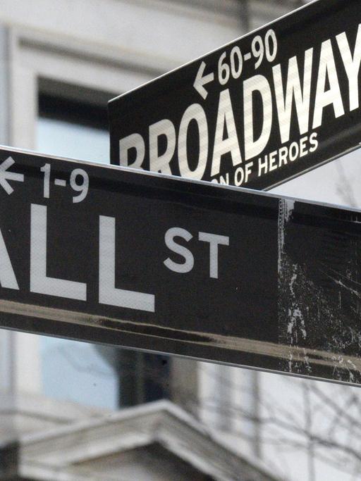 Die Straßenschilder mit der Aufschrift "Wall Street" und "Broadway" in New York (USA)