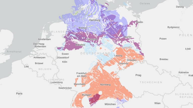 Die Karte zeigt die Flächen, die nach rein geologischen Kriterien als Endlager in Frage kommen. Eingefärbt sind sie nach der Art des Gesteins. Die Karte zeigt die Flächen, die nach rein geologischen Kriterien als Endlager in Frage kommen. Eingefärbt sind sie nach der Art des Gesteins.