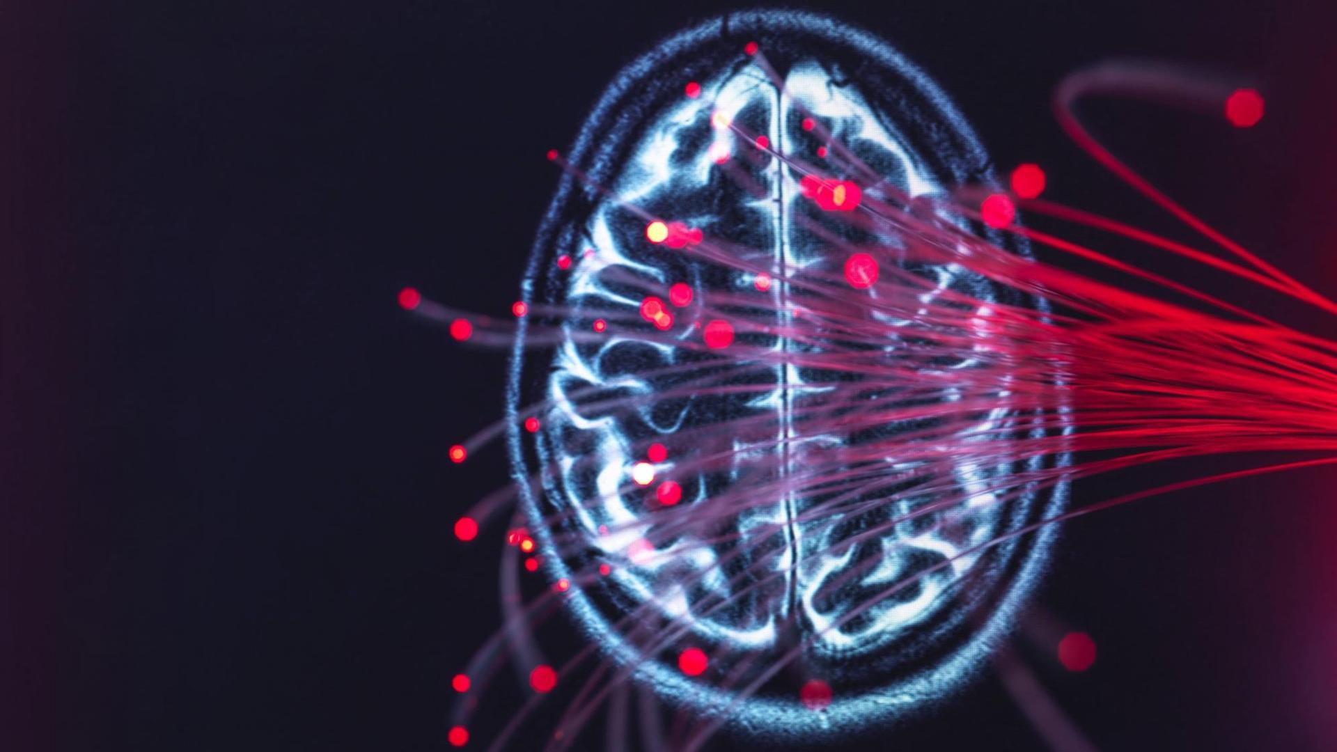 Eine Magnetresonanztomographie (MRT) mit rot leuchtenden Fassern im Bildvordergrund.