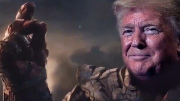 Das Gesicht von Donald Trump auf den Kopf des Filmbösewicht Thanos montiert. Die Szene stammt aus der Marvel-Verfilmung "Avengers: Endgame". Das Gesicht von Donald Trump auf den Kopf des Filmbösewicht Thanos montiert. Die Szene stammt aus der Marvel-Verfilmung "Avengers: Endgame".