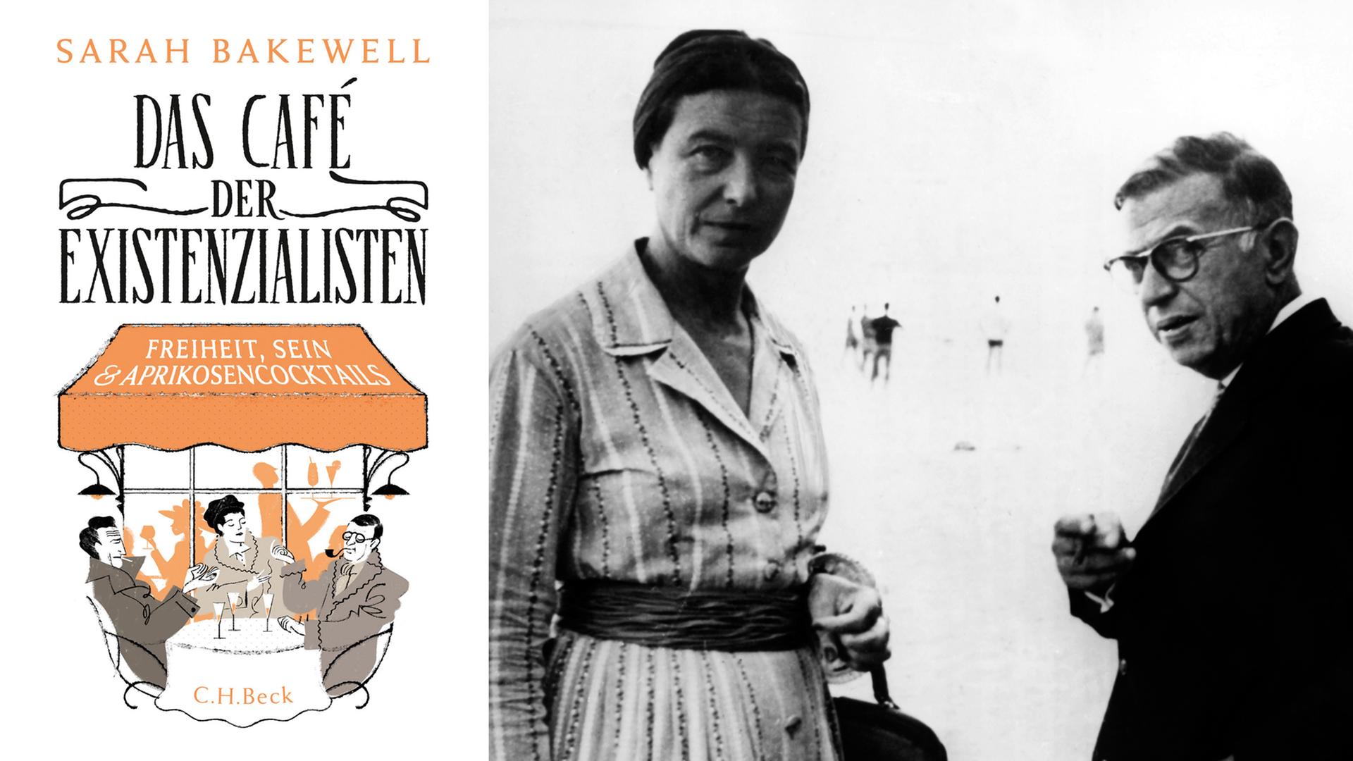 Links: Buchcover von Sarah Bakewells "Das Café der Existenzialisten, rechts: Simone de Beauvoir und Jean-Paul Sartre im Jahr 1960. Links: Buchcover von Sarah Bakewells "Das Café der Existenzialisten, rechts: Simone de Beauvoir und Jean-Paul Sartre im Jahr 1960.
