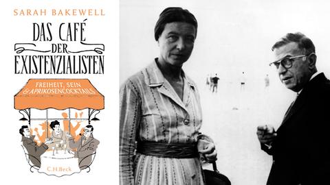 Links: Buchcover von Sarah Bakewells "Das Café der Existenzialisten, rechts: Simone de Beauvoir und Jean-Paul Sartre im Jahr 1960.