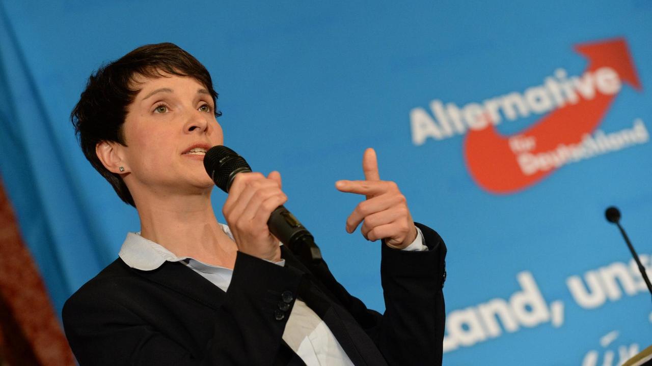 Die AfD-Vorsitzende Frauke Petry redet und gestikuliert dabei, im Hintergrund der Schriftzug der Partei.
