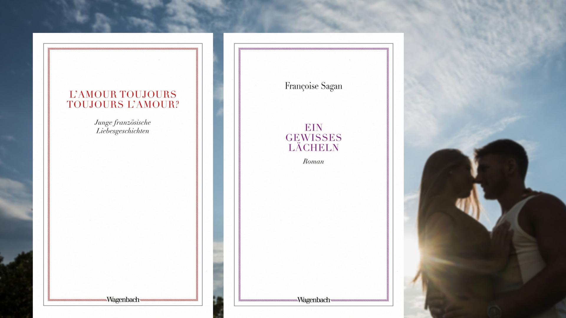 Buchcover "L'amour toujours – toujours l'amour?" und "Ein gewisses Lächeln", im Hintergrund ein junges Liebespaar Buchcover "L'amour toujours – toujours l'amour?" und "Ein gewisses Lächeln", im Hintergrund ein junges Liebespaar