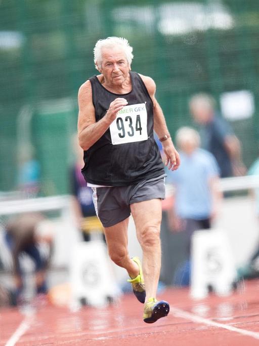 Heinz Stäcker (l-r, 86, SSC Vellmar von 1973), Horst Pfeiffer (88, Sport-Club Itzehoe) und Herbert E. Müller (86, LAV Bayer Uerdingen/Dormage) sprinten am 08.07.2016 beim 100 Meter Lauf (Startklasse M85) bei den Deutschen Senioren-Meisterschaften der Leichtathletik in Leinefelde-Worbis.