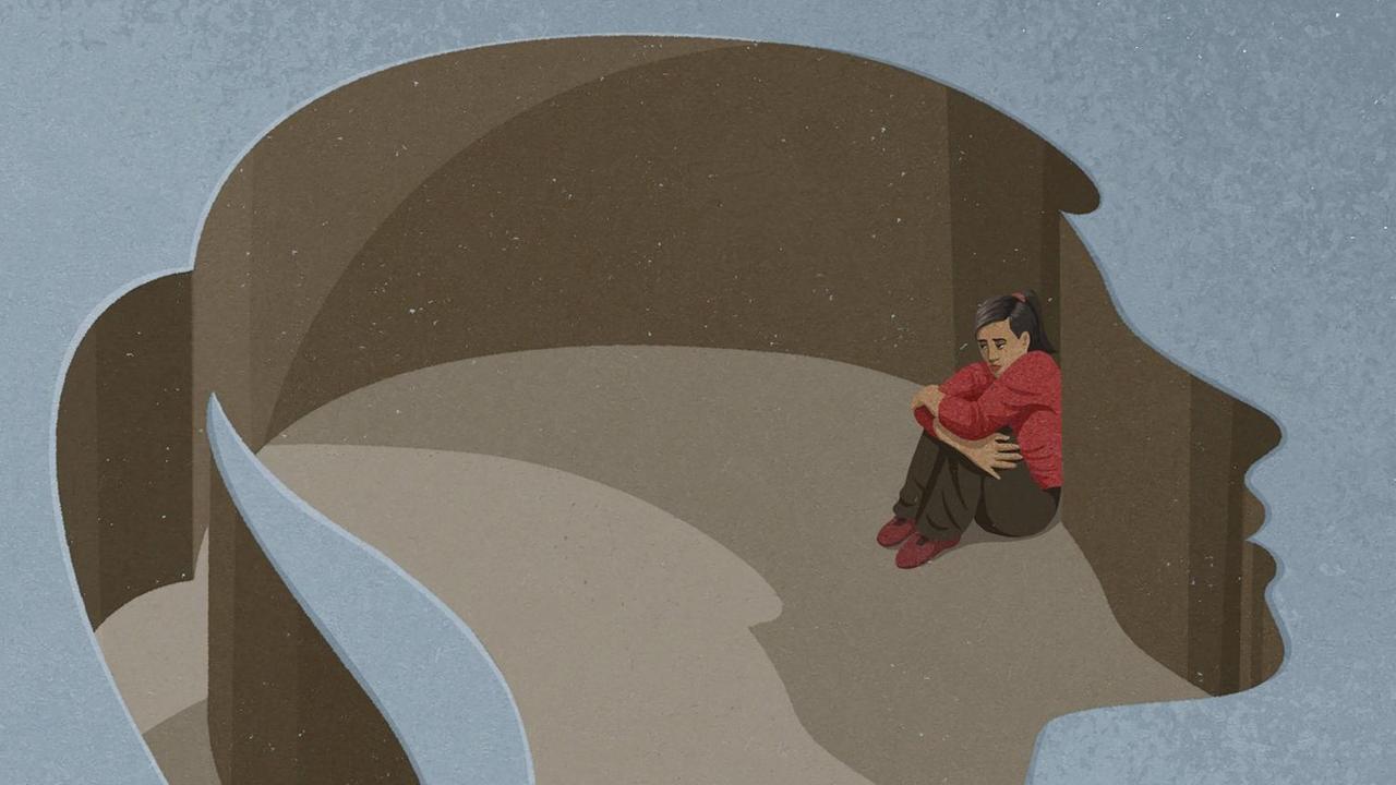 Illustration: Mädchen kauert in ihrem Kopf. Illustration: Mädchen kauert in ihrem Kopf.