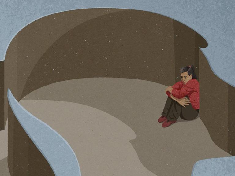 Illustration: Mädchen kauert in ihrem Kopf.