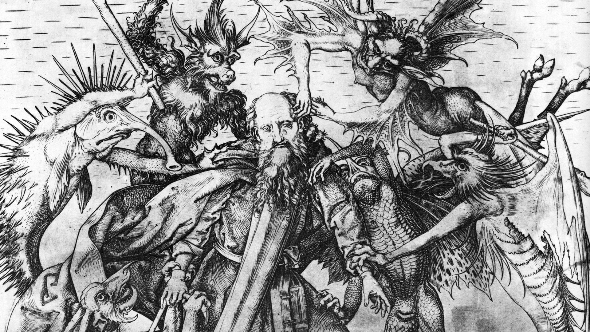 Ein Ausschnitt aus dem Kupferstich "Der heilige Antonius, von Dämonen gepeinigt" von Martin Schongauer (1445/50-1491) Ein Ausschnitt aus dem Kupferstich "Der heilige Antonius, von Dämonen gepeinigt" von Martin Schongauer (1445/50-1491)