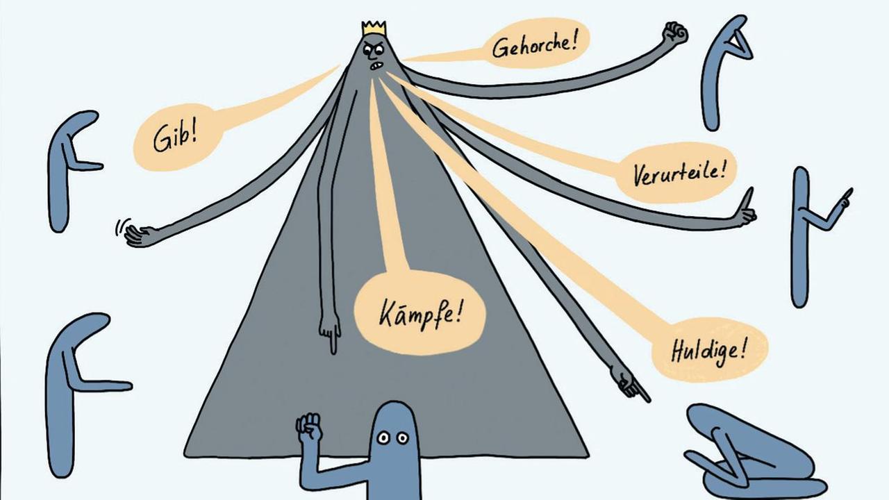 Eine Figur gibt den um sich gescharten Figuren verschiedene Befehle „Gib!“, „Kämpfe!“, „Verurteile!“, „Gehorche!“ und „Huldige!“. (Illustration) Eine Figur gibt den um sich gescharten Figuren verschiedene Befehle „Gib!“, „Kämpfe!“, „Verurteile!“, „Gehorche!“ und „Huldige!“. (Illustration)