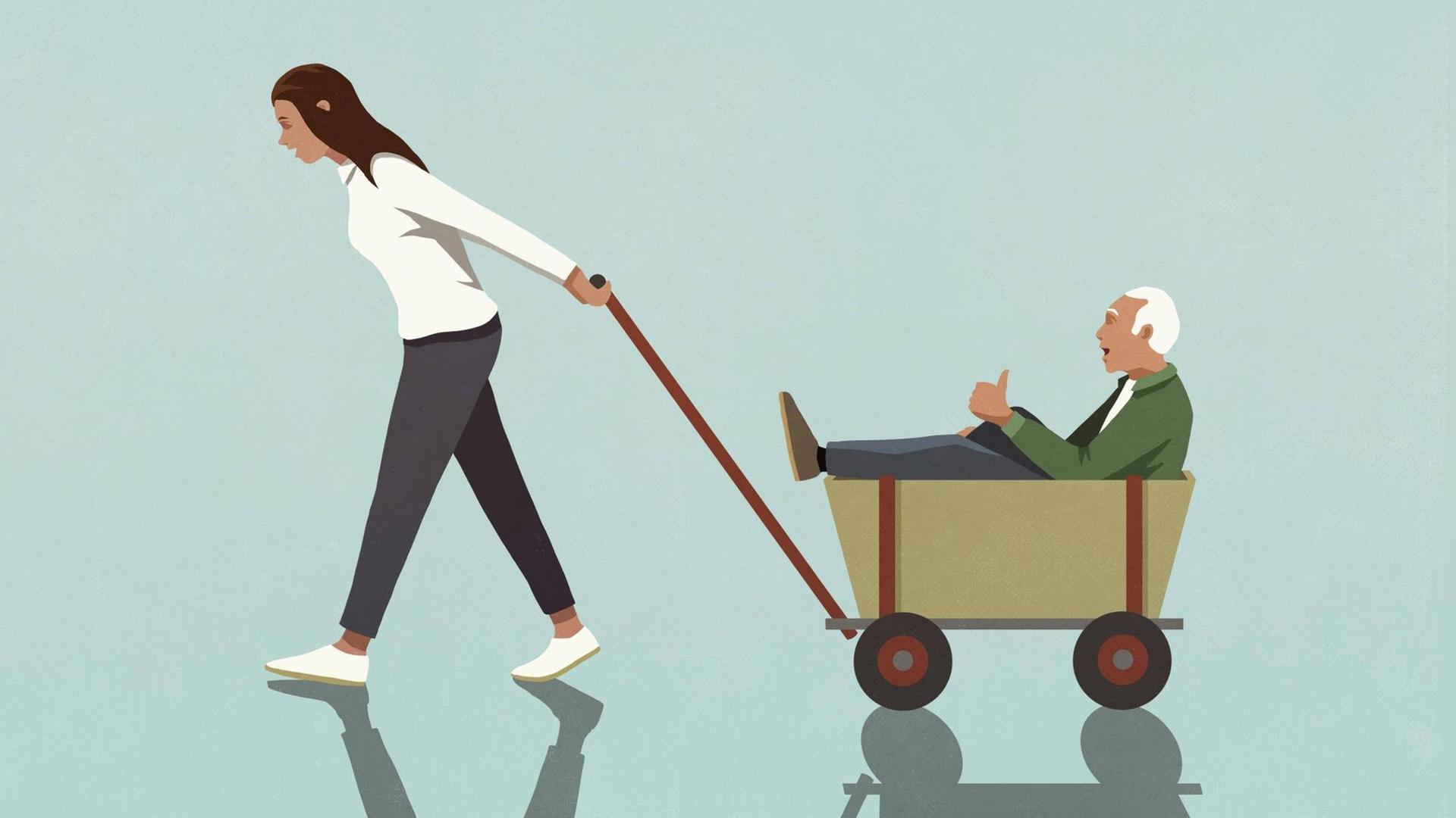 Eine Illustration zeigt eine Frau, die einen älteren Herrn in einem Bollerwagen zieht. Eine Illustration zeigt eine Frau, die einen älteren Herrn in einem Bollerwagen zieht.