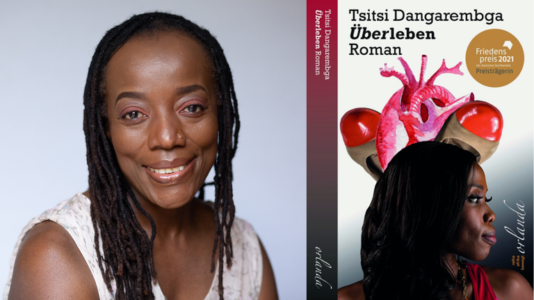 Die Autorin Tsitsi Dangarembga und das Cover Ihres Romans „Überleben“