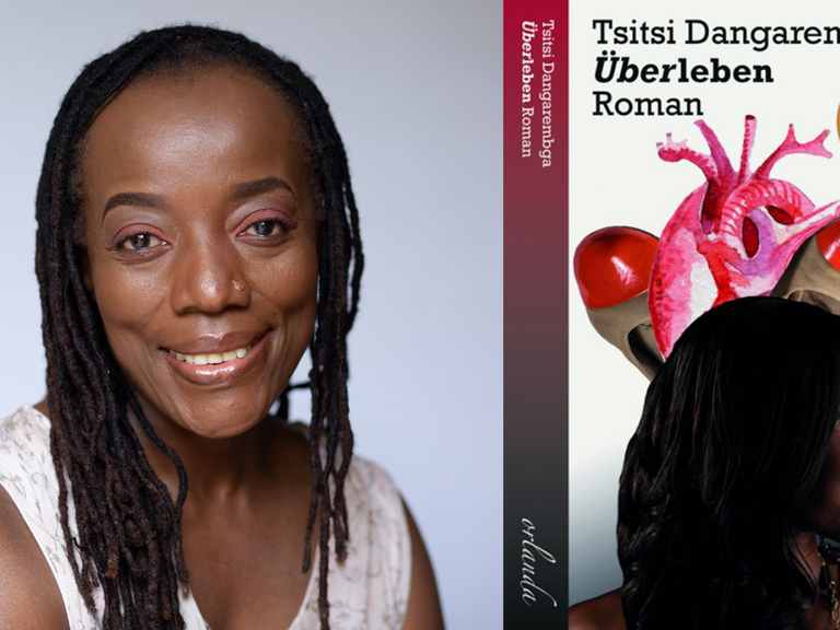 Die Autorin Tsitsi Dangarembga und das Cover Ihres Romans „Überleben“
