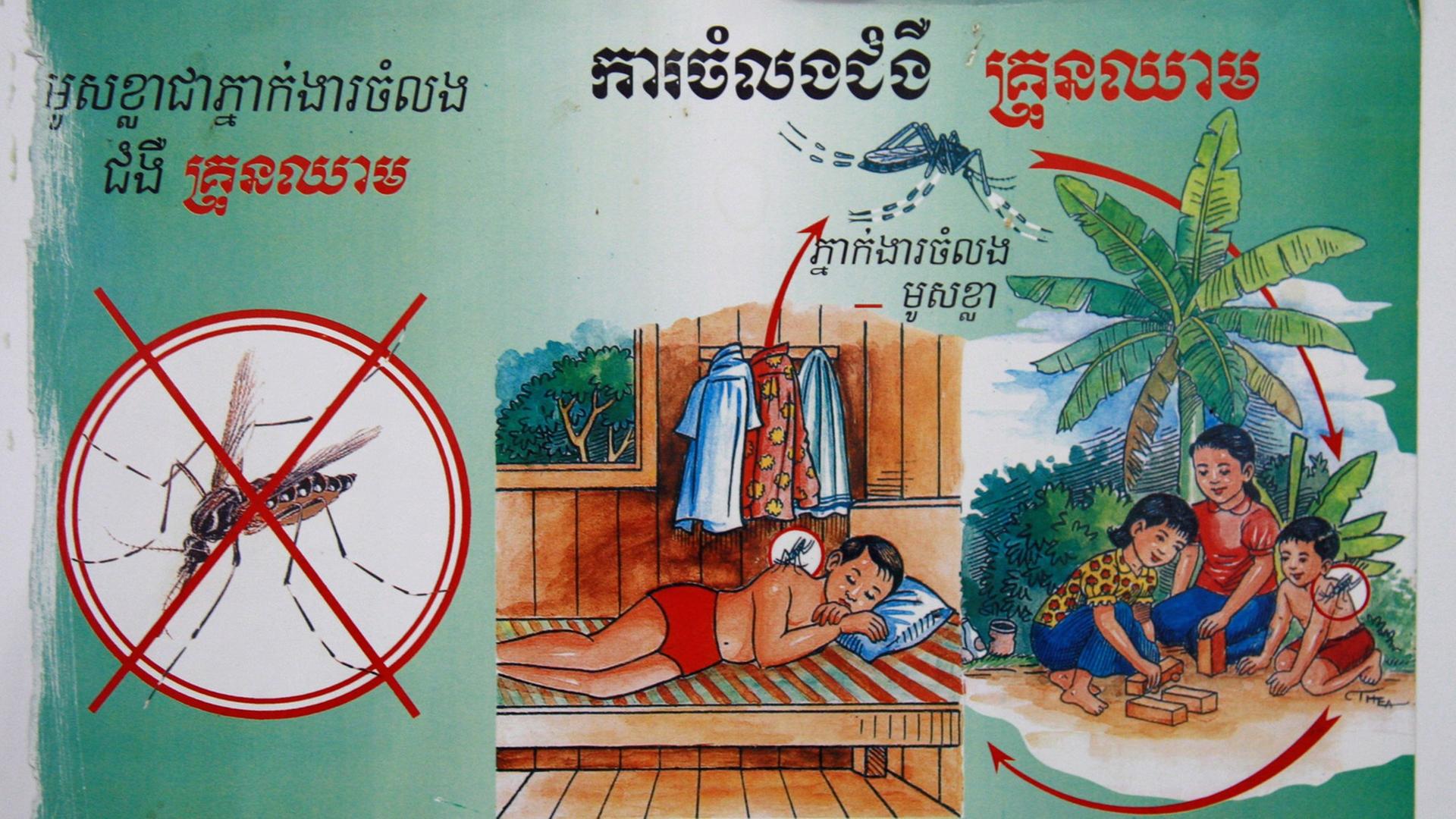 Ein Informationsplakat zum Thema Moskitoschutz und Malariavorsorge in einem Krankenhaus in der kambodschanischen Stadt Svay Rieng. Kambodscha gilt als "Malarialand". Ein Informationsplakat zum Thema Moskitoschutz und Malariavorsorge in einem Krankenhaus in der kambodschanischen Stadt Svay Rieng. Kambodscha gilt als "Malarialand".