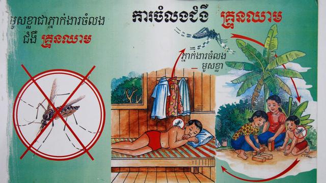 Ein Informationsplakat zum Thema Moskitoschutz und Malariavorsorge in einem Krankenhaus in der kambodschanischen Stadt Svay Rieng. Kambodscha gilt als "Malarialand".