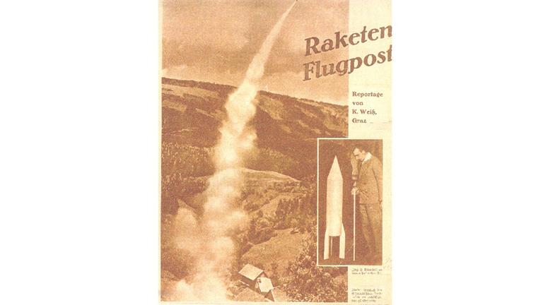 Werbung auf einer Postkarte: Am 2. Februar 1931 startete der Ingenieur Friedrich Schmiedl seine erste Postrakete. Sie transportierte rund hundert Briefe vom Schöckel, einem Berg bei Graz, ins nur wenige Kilometer entfernte Sankt Radegund. Werbung auf einer Postkarte: Am 2. Februar 1931 startete der Ingenieur Friedrich Schmiedl seine erste Postrakete. Sie transportierte rund hundert Briefe vom Schöckel, einem Berg bei Graz, ins nur wenige Kilometer entfernte Sankt Radegund.