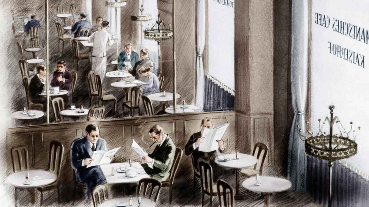 Die Zeichnung des Romanischen Cafés zeigt Männer beim Zeitung Lesen an den Tischen verteilt. Die Zeichnung des Romanischen Cafés zeigt Männer beim Zeitung Lesen an den Tischen verteilt.