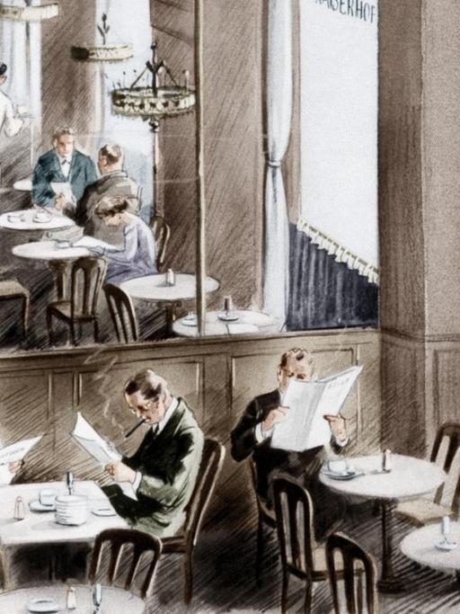 Die Zeichnung des Romanischen Cafés zeigt Männer beim Zeitung Lesen an den Tischen verteilt.