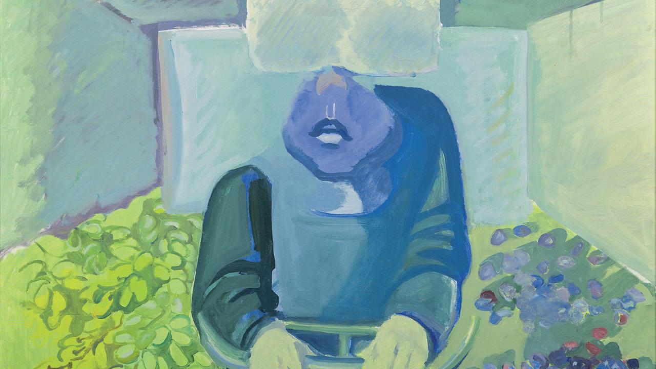 Ausschnitt aus Maria Lassnigs Gemälde "Brettl vorm Kopf": Zu sehen ist eine menschliche Figur, die ein helles Rechteck vor den Augen hat. Das Bild ist überwiegend in Blau- und Grüntönen gehalten. Ausschnitt aus Maria Lassnigs Gemälde "Brettl vorm Kopf": Zu sehen ist eine menschliche Figur, die ein helles Rechteck vor den Augen hat. Das Bild ist überwiegend in Blau- und Grüntönen gehalten.