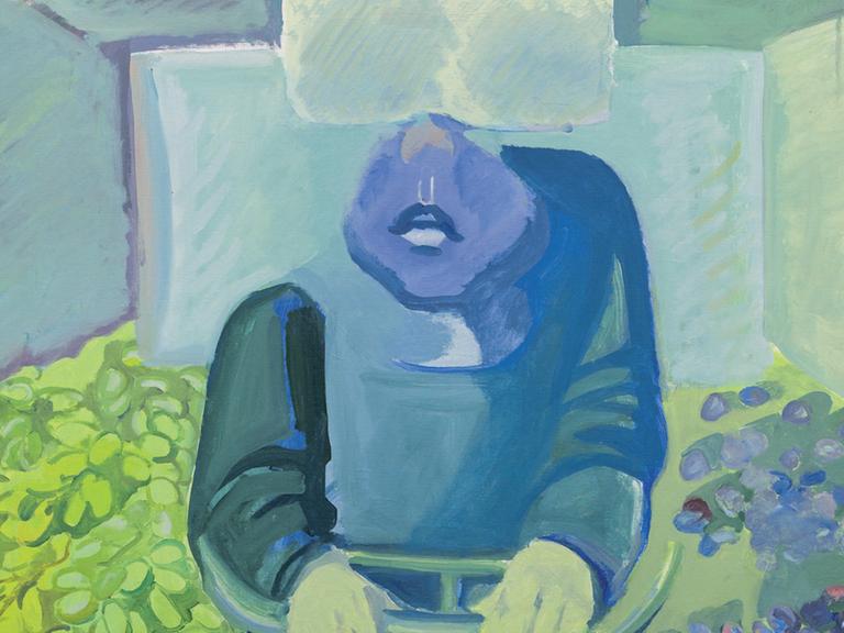 Ausschnitt aus Maria Lassnigs Gemälde "Brettl vorm Kopf": Zu sehen ist eine menschliche Figur, die ein helles Rechteck vor den Augen hat. Das Bild ist überwiegend in Blau- und Grüntönen gehalten.