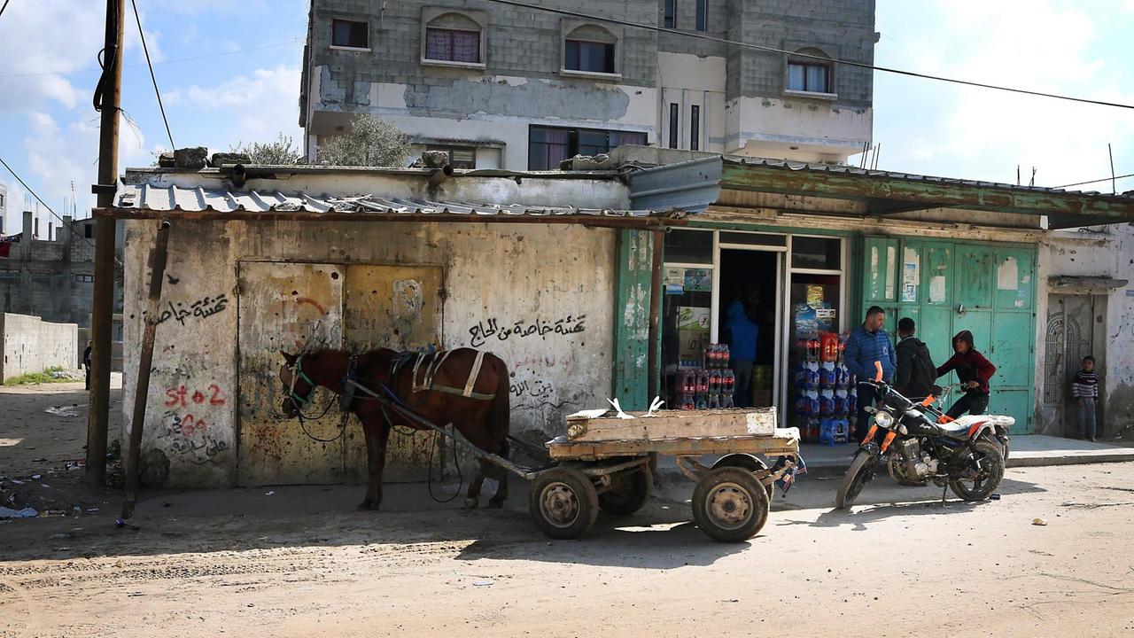 Strassenszene in Gaza Stadt. Ein Eselskarren und ein Motorrad sowie mehrere Männer stehen vor heruntergekommen wirkenden Gebäuden. Strassenszene in Gaza Stadt. Ein Eselskarren und ein Motorrad sowie mehrere Männer stehen vor heruntergekommen wirkenden Gebäuden.