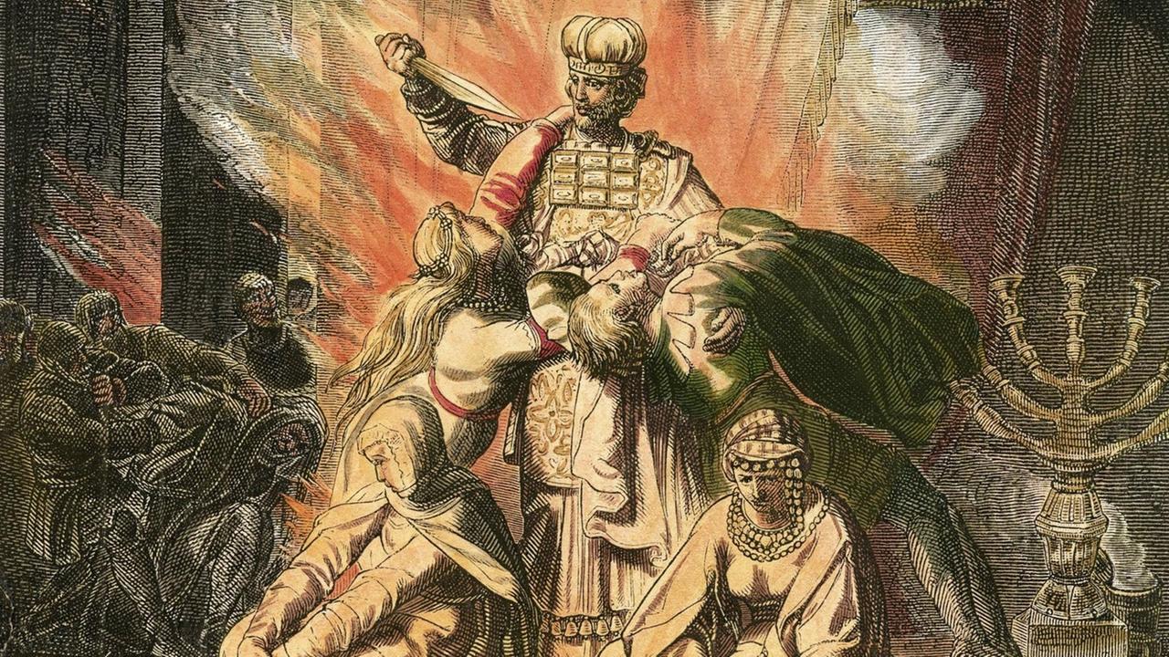 Holzstich aus Hottenroth "Geschichte des Judentums" zeigt im Hintergrund ein großes Feuer, im Vordergrund eine verzweifelte Gruppe Menschen, mit einem König an ihrer Spitze. Er hält ein Schwert. Holzstich aus Hottenroth "Geschichte des Judentums" zeigt im Hintergrund ein großes Feuer, im Vordergrund eine verzweifelte Gruppe Menschen, mit einem König an ihrer Spitze. Er hält ein Schwert.