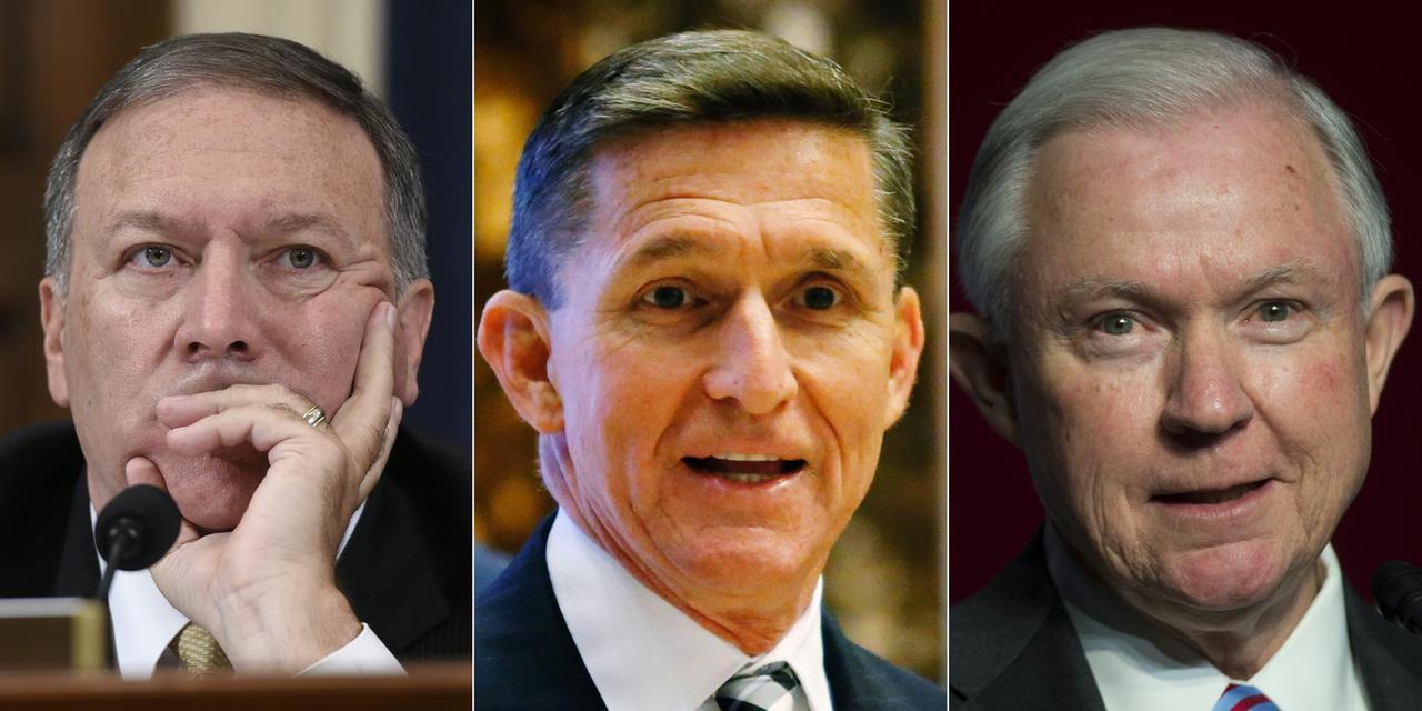 Der designierte CIA-Chef Mike Pompeo, der pensionierte General und künftige Nationale Sicherheitsberater Michael Flynn und Senator Jeff Sessions, der Justizminister und Generalstaatsanwalt werden soll (von links nach rechts). Der designierte CIA-Chef Mike Pompeo, der pensionierte General und künftige Nationale Sicherheitsberater Michael Flynn und Senator Jeff Sessions, der Justizminister und Generalstaatsanwalt werden soll (von links nach rechts).
