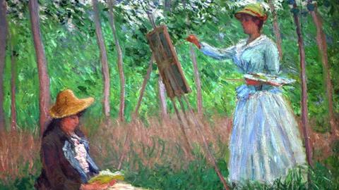 Die Ausstellung "Felder im Frühling" mit Bildern des impressionistischen Malers Claude Monet in der Staatsgalerie in Stuttgart. Zu sehen ist das Bild "Im Moor von Giverny" aus dem Jahr 1887.