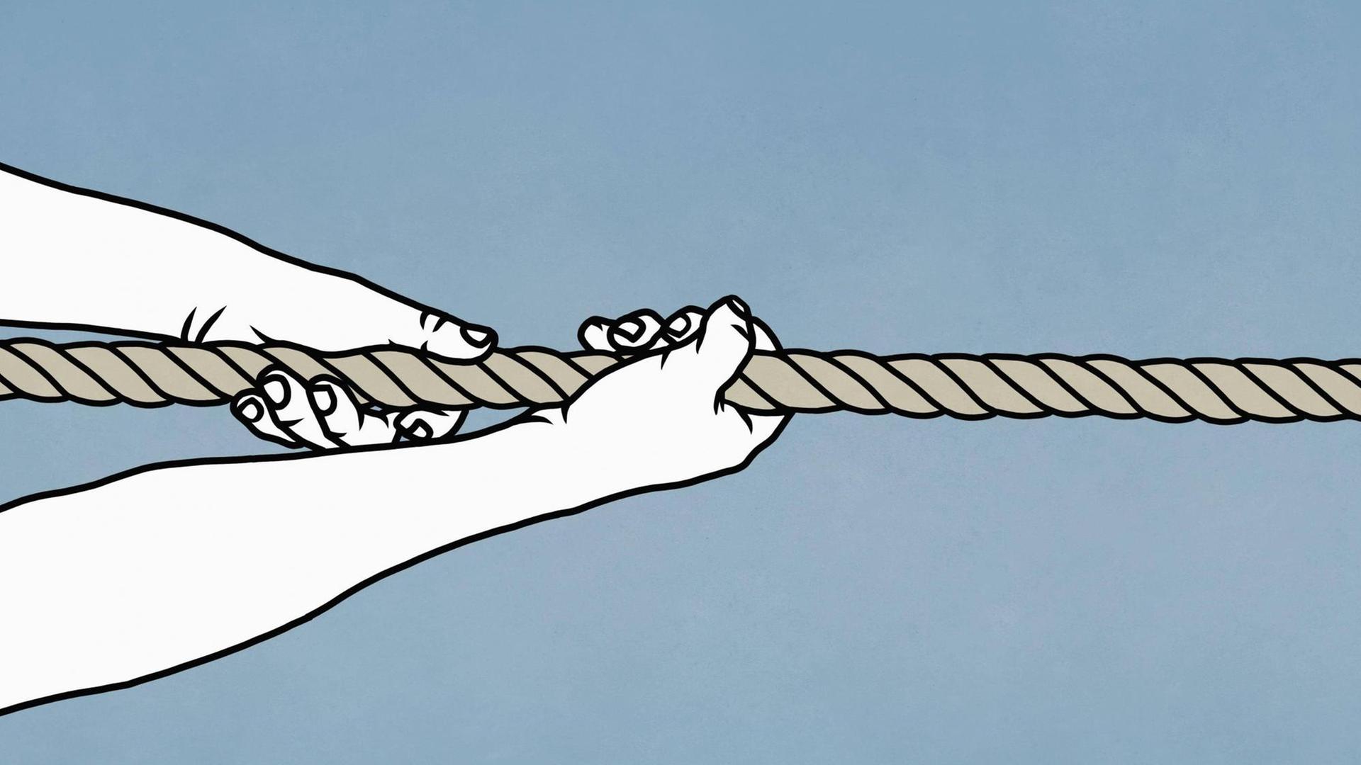 Illustration von zwei Händen, die zusammen an einem Seil ziehen. Illustration von zwei Händen, die zusammen an einem Seil ziehen.