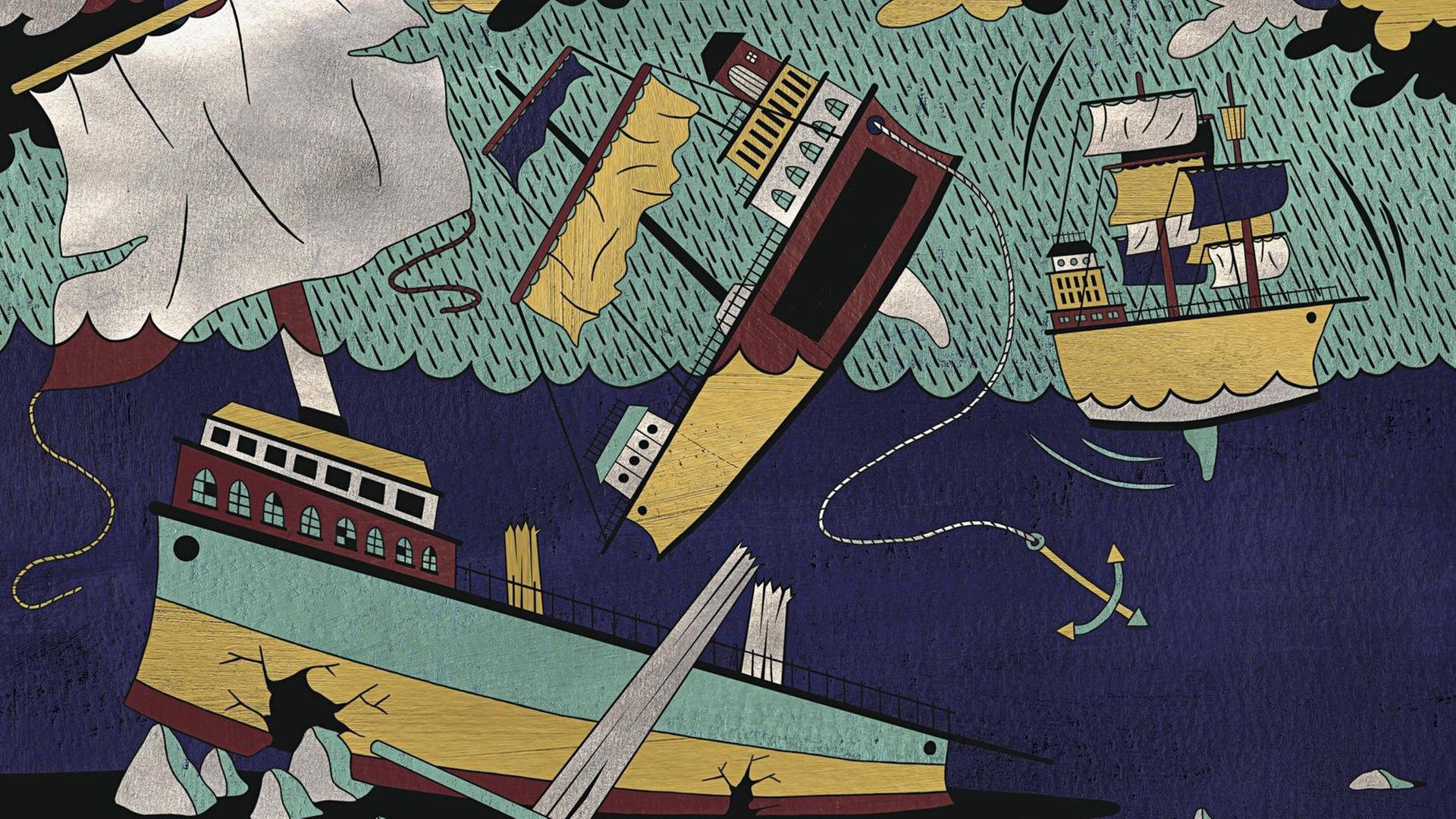 Illustration: ein Segelschiff bricht an einem Felsen entzwei Illustration: ein Segelschiff bricht an einem Felsen entzwei