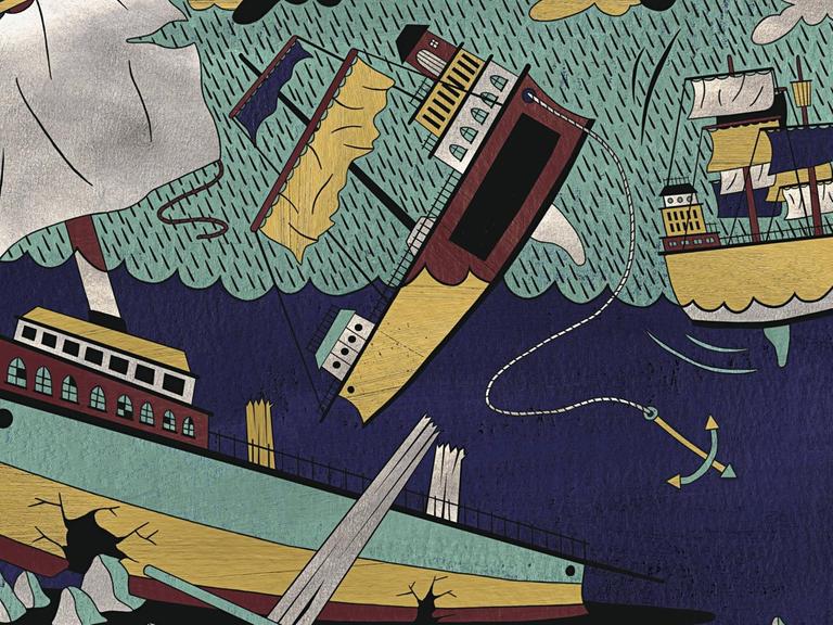 Illustration: ein Segelschiff bricht an einem Felsen entzwei