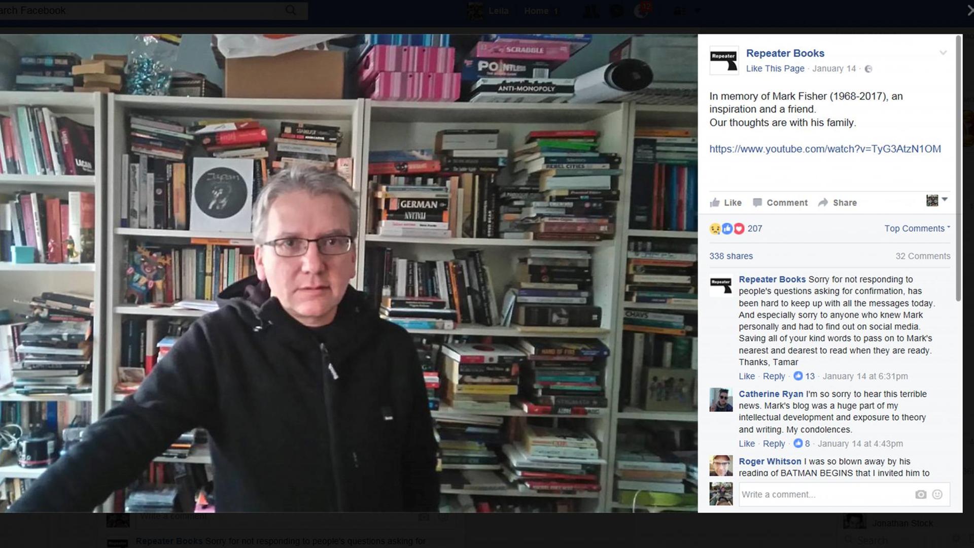 Trauer um den Popkritiker Mark Fisher: Facebook-Post von "Repeater Books", in dessen Team Fisher mitgearbeitet hat. Trauer um den Popkritiker Mark Fisher: Facebook-Post von "Repeater Books", in dessen Team Fisher mitgearbeitet hat.