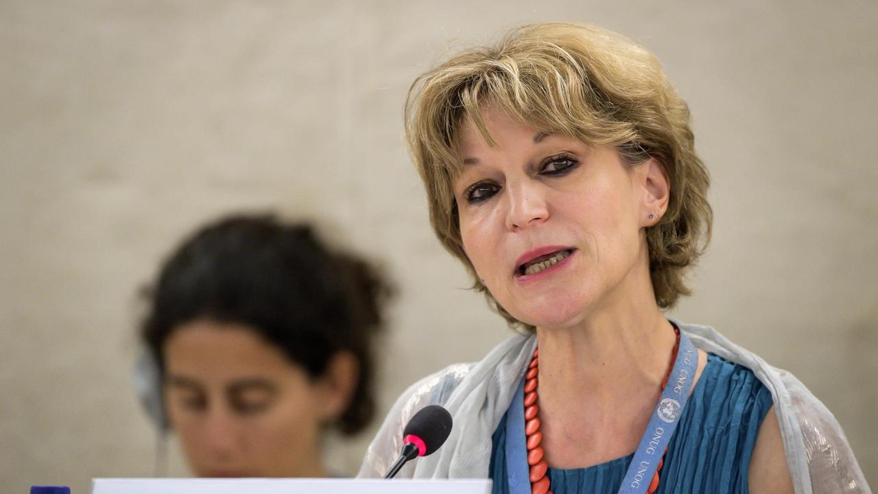 UNO-Sonderberichterstatterin Agnes Callamard in Genf bei der Vorstellung ihres Berichts zur Ermordung des saudischen Journalisten Jamal Khashoggi