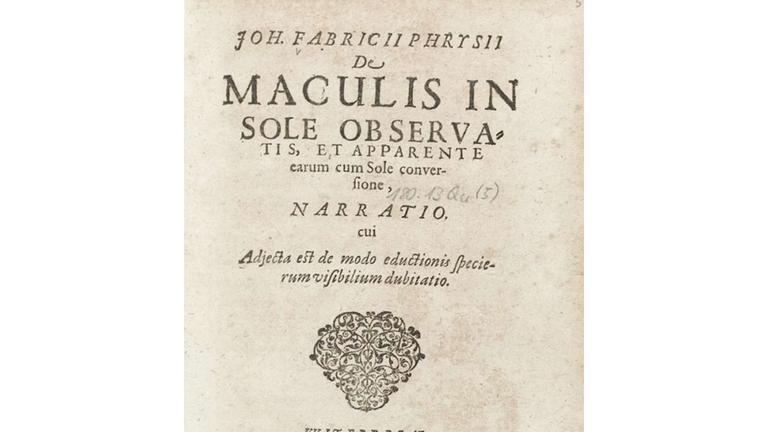 Titelblatt des Buches von Johann Fabricius über die Sonnenflecken. Titelblatt des Buches von Johann Fabricius über die Sonnenflecken.