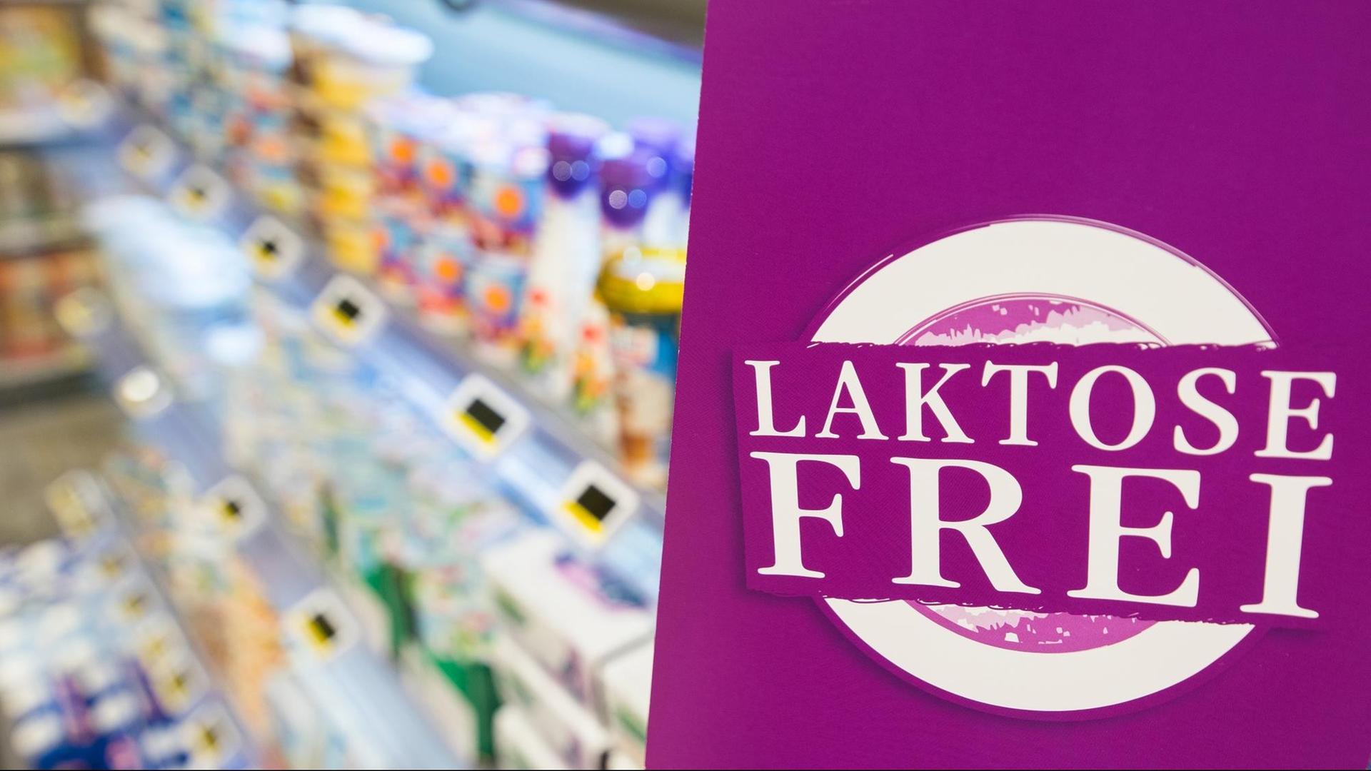 Ein Schild "Laktosefrei" hängt an einem Kühlregal in einem Hamburger Supermarkt. Ein Schild "Laktosefrei" hängt an einem Kühlregal in einem Hamburger Supermarkt.