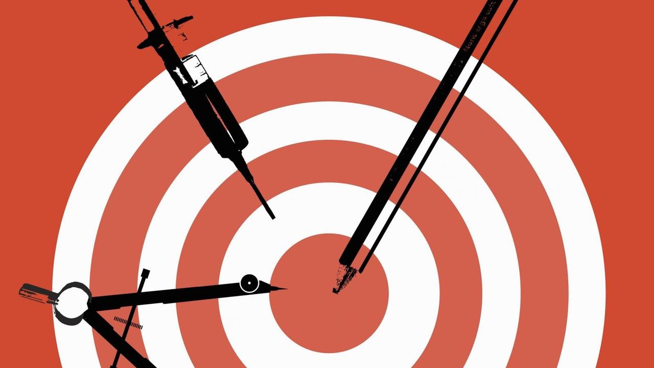 Illustration einer Spritze, Bleistift und Zirkel auf einer Zielscheibe.