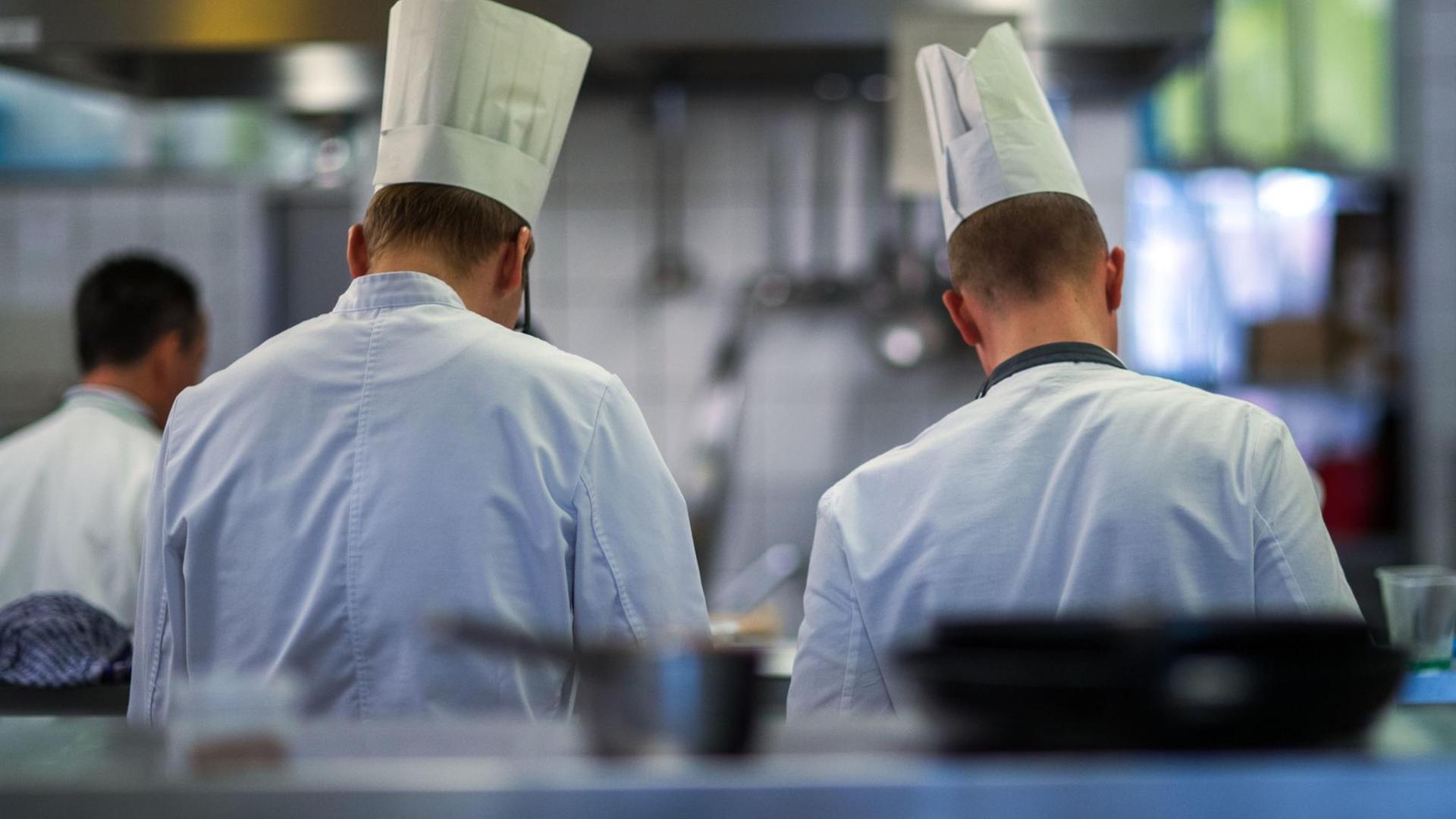 Zwei junge Köche arbeiten am 21.03.2017 bei den Landesmeisterschaften des Gastro-Nachwuchs in Stralsund (Mecklenburg-Vorpommern) an ihren Speisen. Zwei junge Köche arbeiten am 21.03.2017 bei den Landesmeisterschaften des Gastro-Nachwuchs in Stralsund (Mecklenburg-Vorpommern) an ihren Speisen.