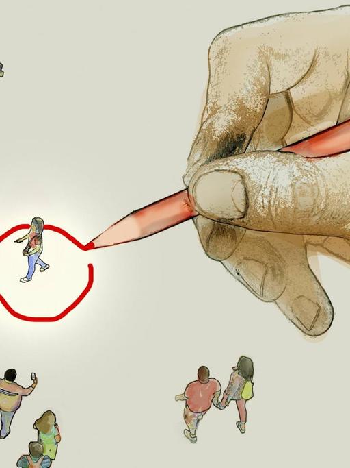 Eine Hand, die einen Rotstift führt, zeichnet einen Kreis um eine einzelne Person herum, während andere Menschen um sie herumstehen oder vorbeilaufen.