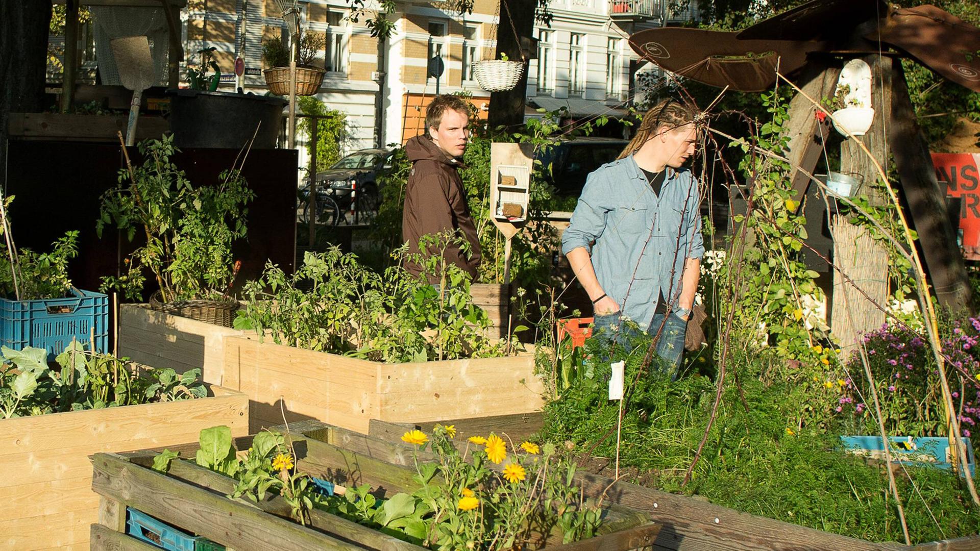 Käufer und Verkäufer zwischen Verkaufsständen mit Blumen, Obst und Gemüse im Hamburger Projekt "Keimzelle - Soziale Gärten für alle"