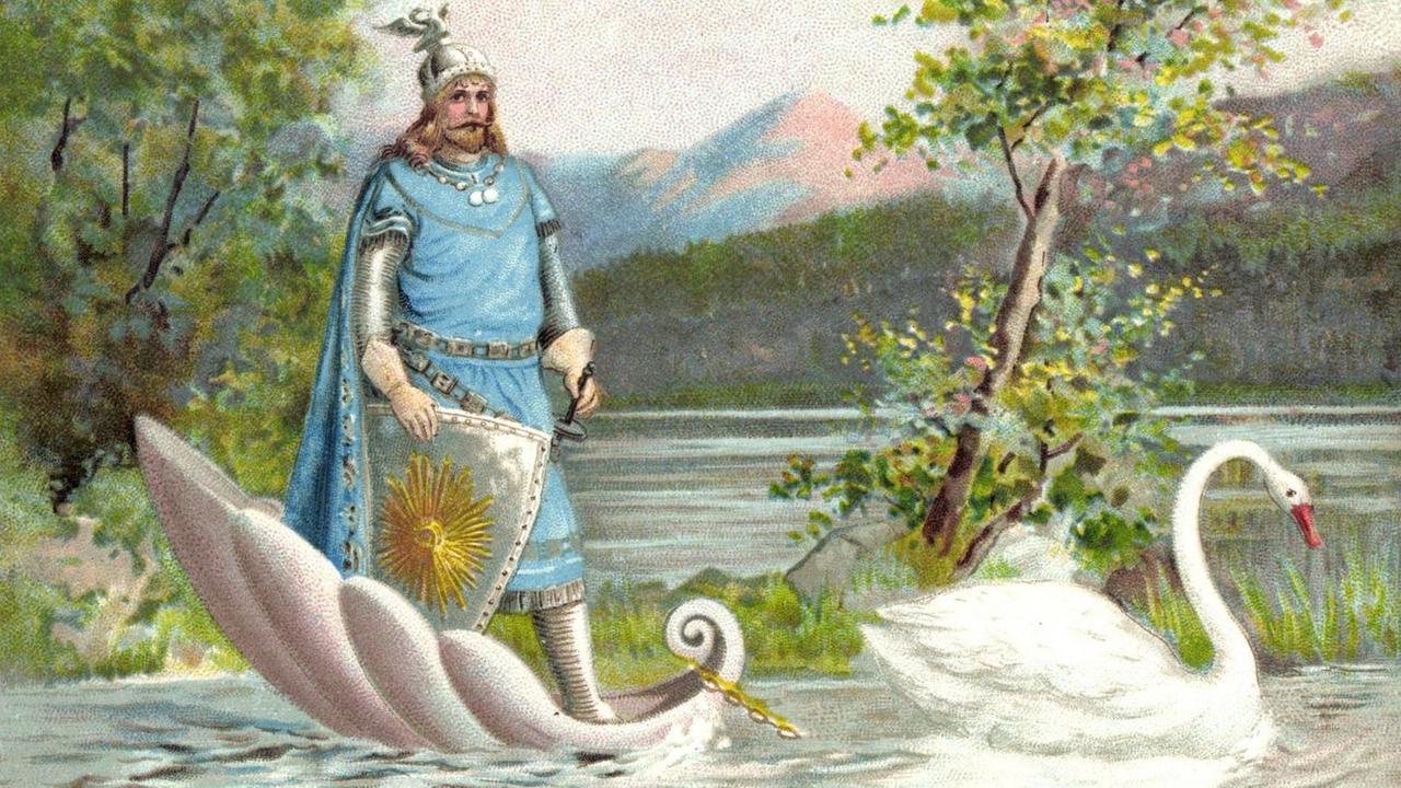 Ein Ritter steht auf einer Muschel und wird von einem Schwann über das Wasser gezogen. Ein Ritter steht auf einer Muschel und wird von einem Schwann über das Wasser gezogen.