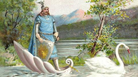 Ein Ritter steht auf einer Muschel und wird von einem Schwann über das Wasser gezogen.