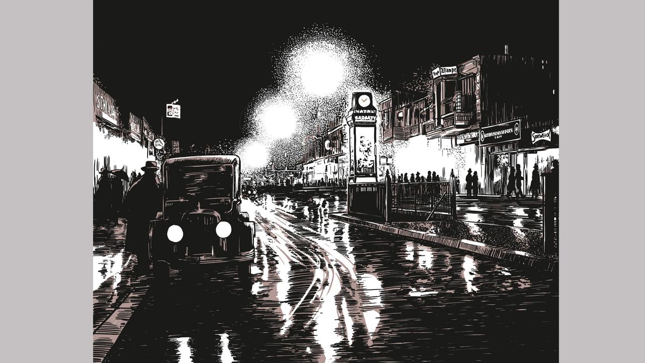 Bild aus dem Buch "Es wird Nacht im Berlin der Wilden Zwanziger": nächtliche Straßenszene in Schwarz-Weiß mit einem Auto im Vordergrund Bild aus dem Buch "Es wird Nacht im Berlin der Wilden Zwanziger": nächtliche Straßenszene in Schwarz-Weiß mit einem Auto im Vordergrund