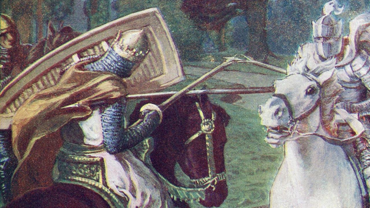 Zwei Ritter, ein schwarzer und ein weißer, galoppieren aufeinander zu. Zwei Ritter, ein schwarzer und ein weißer, galoppieren aufeinander zu.