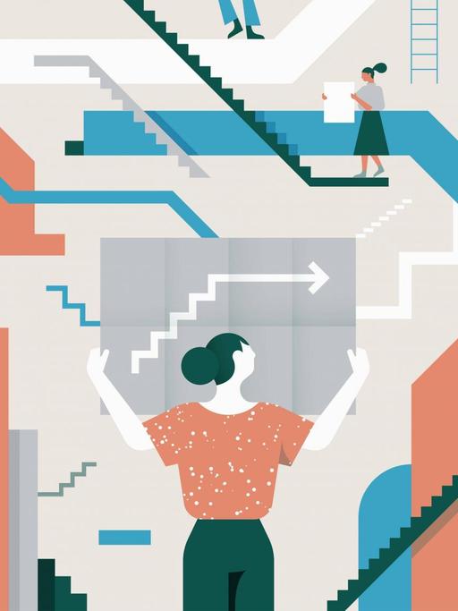 Illustration von Menschen vor und in einem Labyrinth aus Treppen und Gängen.