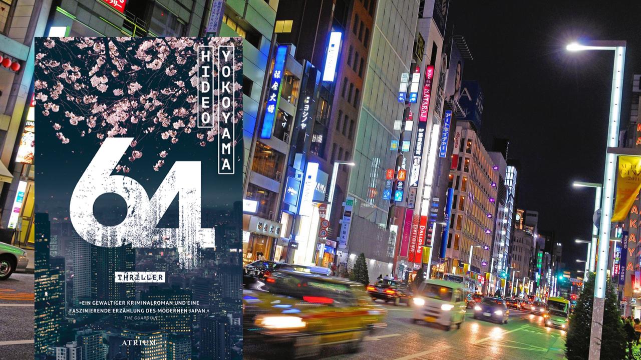 Cover von "64" vor einer befahrenen Einkaufsstraße in Tokio.
